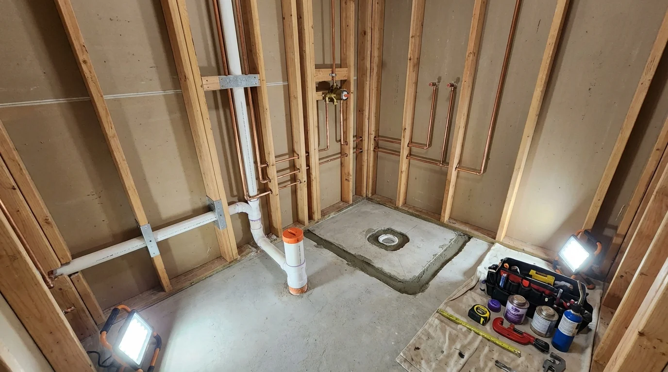 Bathroom rough-in plumbing during remodel by Johns Plumbing LLC in Clinton